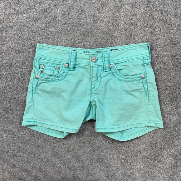 Miss Me Shorts Womens 25 Mint Studded Low Rise Denim Flap Pocket Stretch Zip Fly - Picture 2 of 11